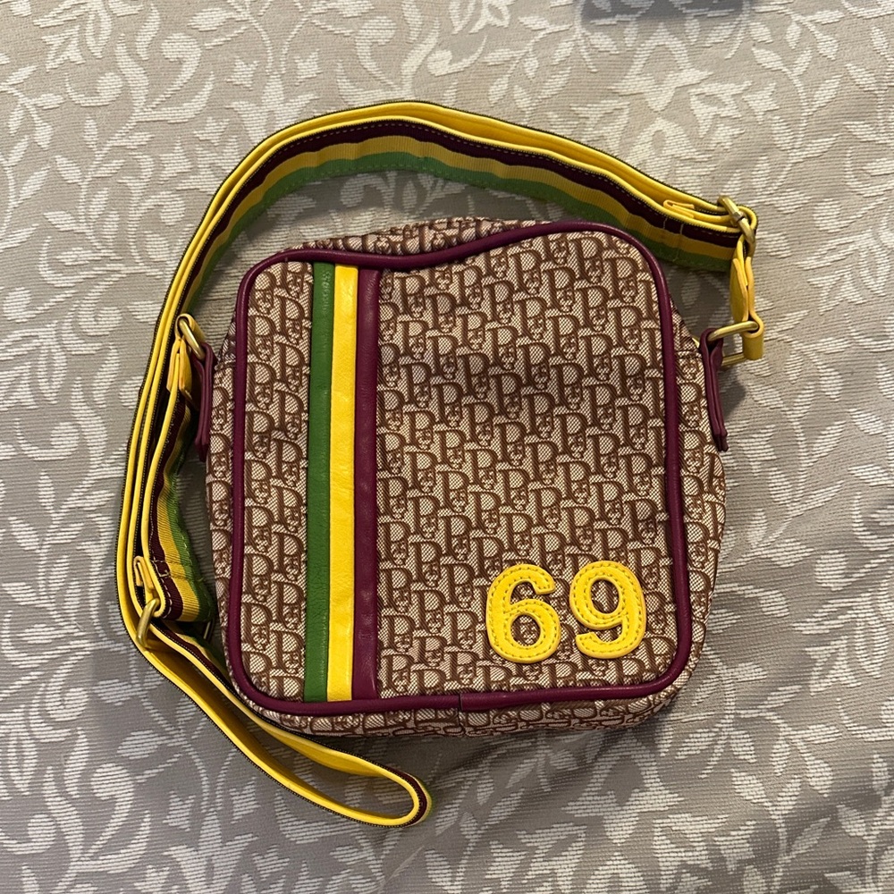 POSTER GIRL Brown Monogram Crossbody with Yellow, Green & Burgundy Accents
